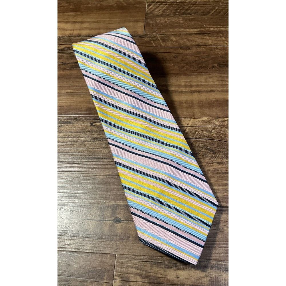 Vintage Christian Dior Pink Blue Yellow Striped Tie Polyester